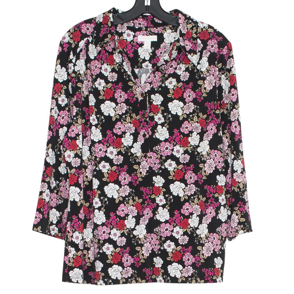Charter Club Black Pink Dark Floral Slinky Top 3/4 Sleeve XL Cottagecore Boho